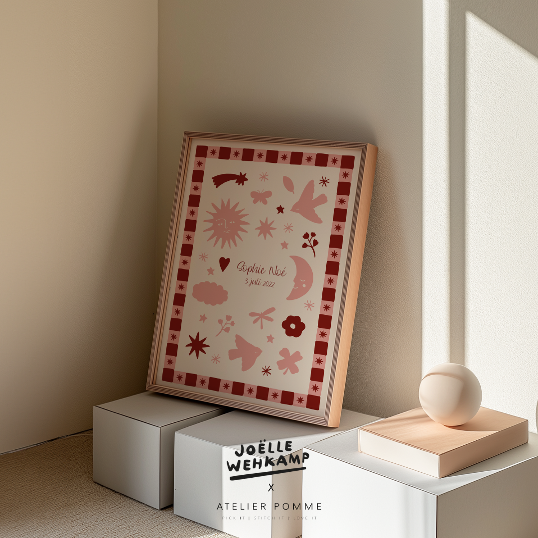 Een geboorte poster in het roze met een personalisatie