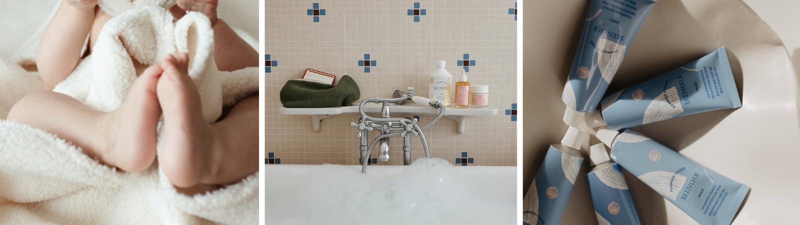 Verzorgingsproducten voor baby en mama: natuurlijke zeep, oliën, bijtspeelgoed, fopspenen en verschoonmatjes.