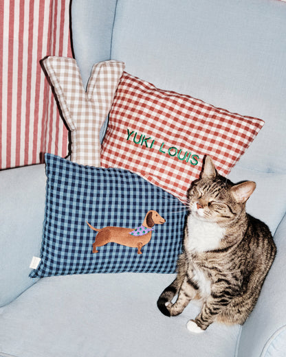 personaliseren blauw ruitjes kussen