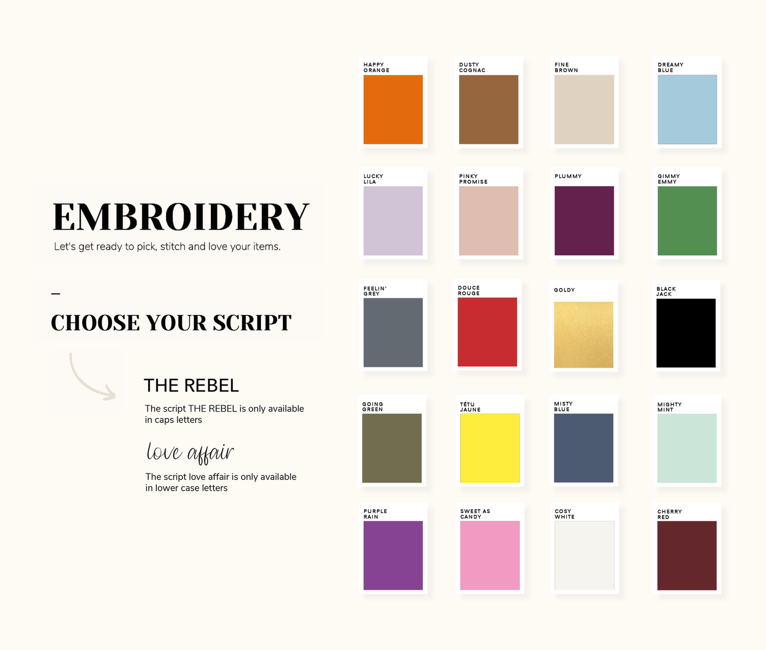 De kleuren voor het personaliseren van je item 