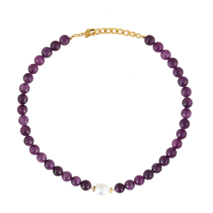 VESSONITE GEMSTONE NECKLACE WITH PEARL | PURPLE RAIN